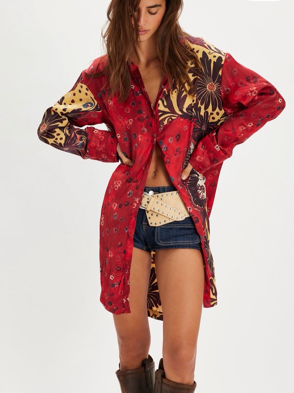Free People Off the Vine Red Floral Long-Sleeve button-Up Shirt